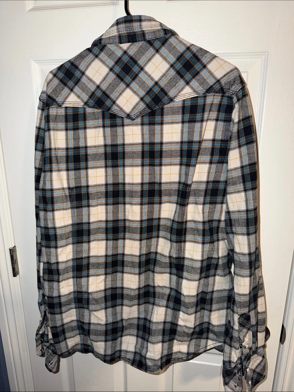 True Religion Men's Plaid Button-Up Shirt in White, Black & Blue